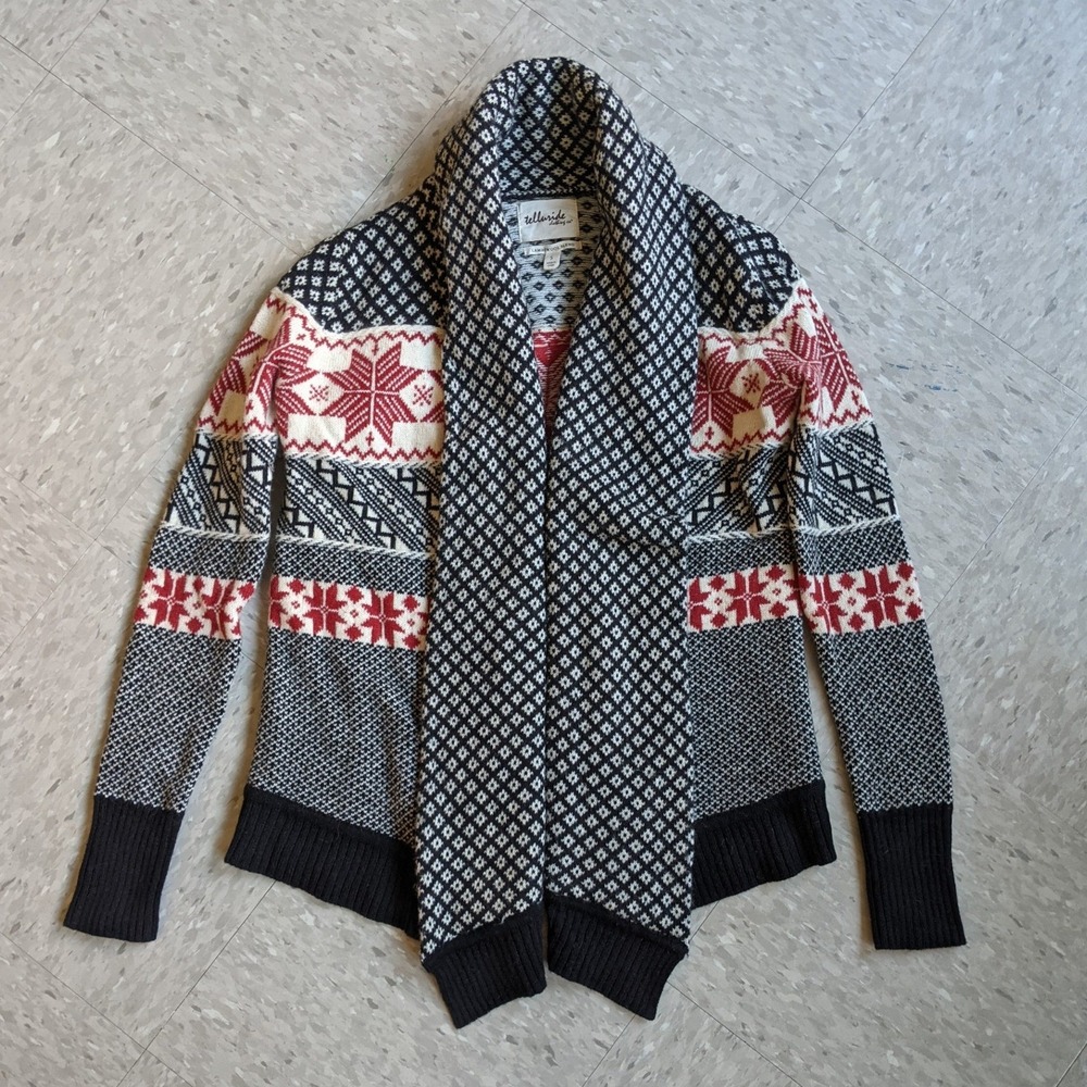 Telluride Clothing Co Nordic Fair Isle Lambswool Blend Open Cardigan Small Black